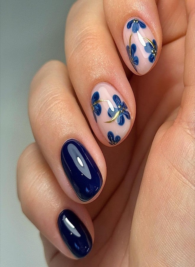 GRITOSE 24pcs Blue Press on Nail Short Square Fake Nails Glossy Spring with Floral designs Gold Stripe Stick on Nail Full Cover Acrylic False Nails Reusable Gel Glue on Nails for Women Summer Manicure - Image 1
